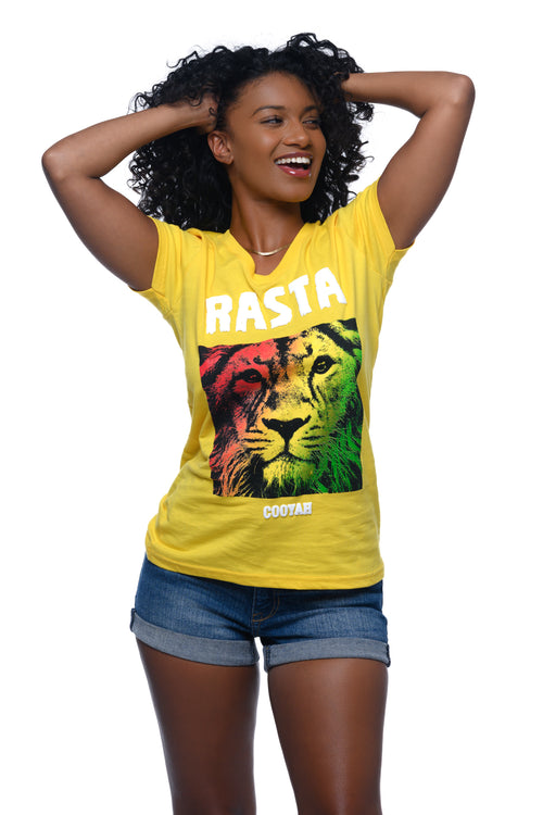 Cooyah Jamaica.  Women's yellow v-neck graphic tees with Rasta Lion graphic.   Reggae colors design.  As a Jamaican owned clothing brand since 1987, we take pride in bringing you this classic piece. Don't wait, get yours now!