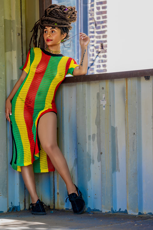 Cooyah Jamaica.  Rasta Mesh Dress.  Beachwear, Dancehall, Beach Cover-Up.  Reggae Colors.