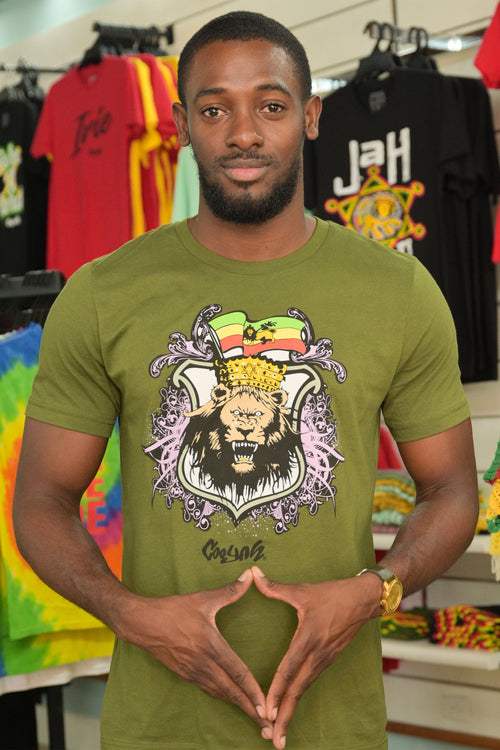 Cooyah Clothing, Men's Rasta Lion short sleeve graphic tee in olive green. Jamaican streetwear Ethiopia Flag T-Shirt