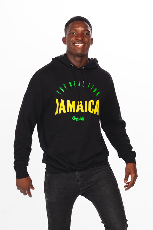 Cooyah Clothing - Men's black pullover hoodie with Jamaican color graphics.  Real Ting Jamaica quote screen printed on the front. Featuring soft fabric, a kangaroo pocket, and matching drawstrings. IRIE  