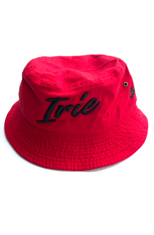 Cooyah Jamaica. Irie Embroidered Bucket hat in red. Jamaican clothing brand.  Reggae fashion accessories.