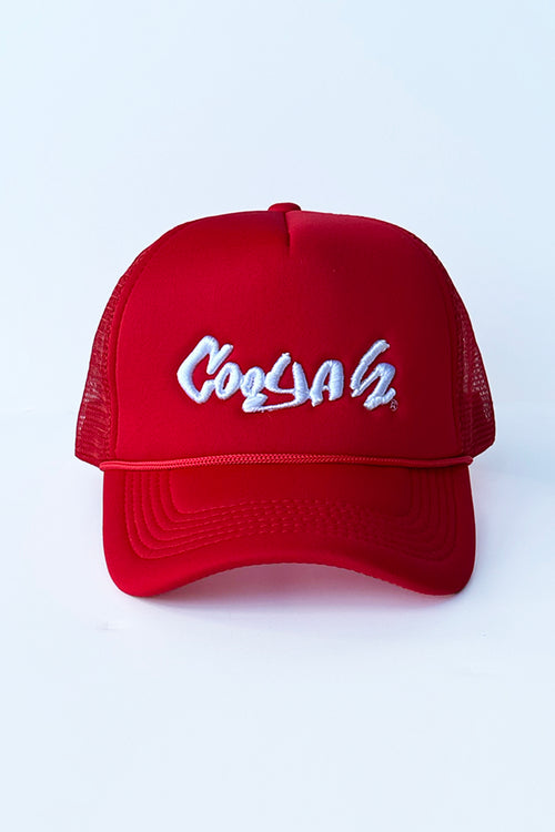 COOYAH Jamaica.  Embroidered Trucker Hat in Red.  Y2K Fashion, Jamaican clothing brands since 1987.