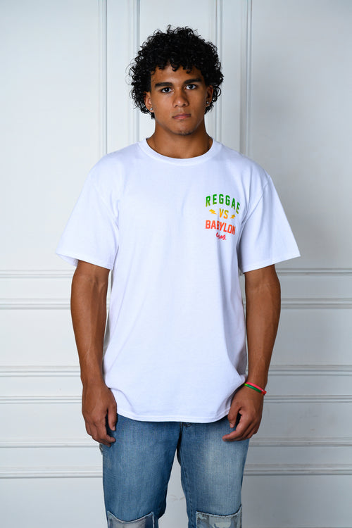 Front view of Kingston Marley in the Reggae VS Babylon boxy fit tee by Cooyah Clothing.