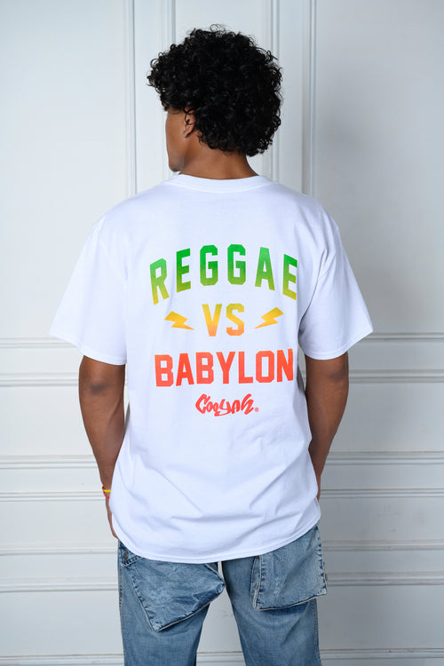 Cooyah - Back view of male model wearting a white boxy style tee with Reggae VS Babylon text.  