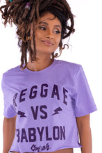 Load image into Gallery viewer, Cooyah Jamaica. Reggae VS Babylon tee in Purple. Women&#39;s short sleeve, ring spun cotton t-shirt. Jamaican streetwear clothing brand.
