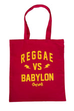 Load image into Gallery viewer, Cooyah Jamaica Reggae VS Babylon red cotton tote bag with yellow screen print.  Jamaican streetwear clothing and accessories brand 
