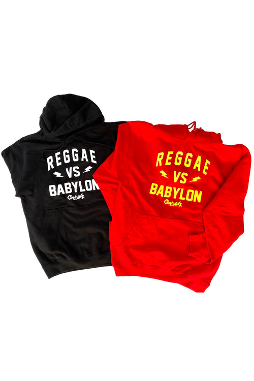 The original Reggae VS Babylon Pullover Hoodies by Cooyah Clothing in black and red. Men's Jamaican streetwear brand. IRIE