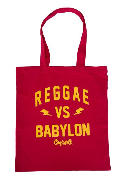 Cooyah Jamaica - Reggae VS Babylon red cotton tote bag with yellow screen print.  We are a Jamaican streetwear clothing and accessories brand established in 1987.