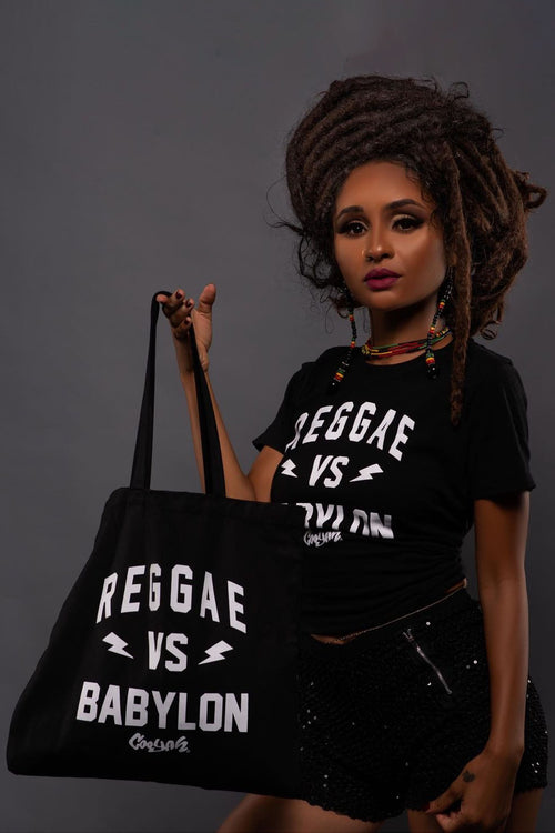 Cooyah Jamaica -  Reggae VS Babylon black cotton tote bag with white screen print.  We are a Jamaican streetwear clothing brand.  IRIE Accessories with a Jamaican flair.