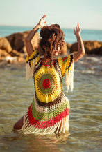 Load image into Gallery viewer, Cooyah Jamaica.  Women&#39;s crochet beach Dress in rasta colors.  Jamaican beachwear clothing brand.
