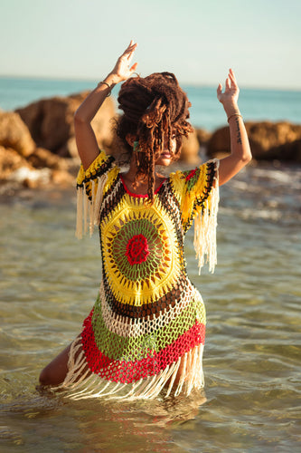 Cooyah Jamaica.  Women's crochet beach Dress in rasta colors.  Jamaican beachwear clothing brand.