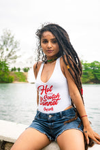 Load image into Gallery viewer, Cooyah Jamaica. Women&#39;s Hot Like Scotch Bonnet white bodysuit with red print. Jamaican beachwear clothing brand.
