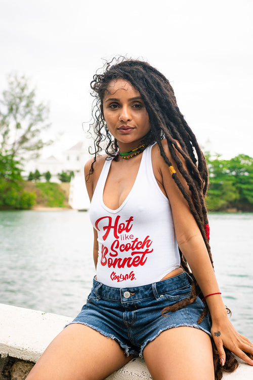 Cooyah Jamaica. Women's Hot Like Scotch Bonnet white bodysuit with red print. Jamaican beachwear clothing brand.