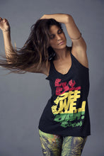 Load image into Gallery viewer, Cooyah Jamaica women&#39;s black racerback tank top with See We Yah, Jamaican patois graphic.
