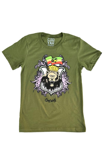 Cooyah Clothing, Rasta Lion short sleeve graphic tee in olive green.  Jamaican streetwear Ethiopia Flag T-Shirt