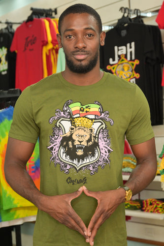Cooyah Clothing, Rasta Lion short sleeve graphic tee in olive green. Jamaican streetwear Ethiopia Flag T-Shirt