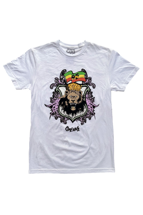 Cooyah Jamaica.  Men's white crew neck graphic tee with Ethiopian Flag and Lion design on soft ring spun cotton.