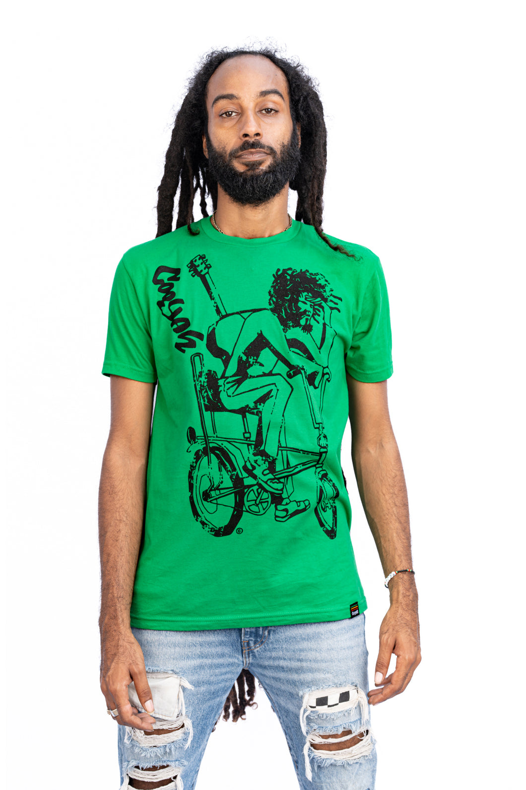 Cooyah Jamaica. Men's Simmer Down T-Shirt featuring a Rastaman on a bicycle design. Ring Spun Cotton, Short Sleeve Green Tee. Jamaican streetwear clothing brand.