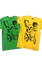 Load image into Gallery viewer, Cooyah Jamaica. Men&#39;s Simmer Down T-Shirt featuring a Rastaman on a bicycle design. Ring Spun Cotton, Short Sleeve Green and Yellow Tee. Jamaican streetwear clothing brand.
