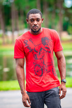 Load image into Gallery viewer, Cooyah Jamaica. Men&#39;s Simmer Down T-Shirt featuring a Rastaman on a bicycle design. Ring Spun Cotton, Short Sleeve Red Tee. Jamaican streetwear clothing brand.
