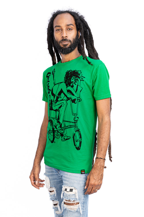 Cooyah Jamaica. Men's Simmer Down T-Shirt featuring a Rastaman on a bicycle design. Ring Spun Cotton, Short Sleeve Green Tee. Jamaican streetwear clothing brand.