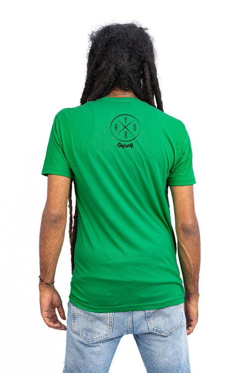 Cooyah Jamaica. Men's Simmer Down T-Shirt featuring a Rastaman on a bicycle design. Ring Spun Cotton, Short Sleeve Green Tee. Jamaican streetwear clothing brand.