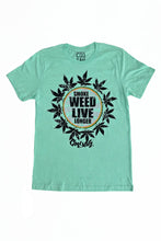 Load image into Gallery viewer, Cooyah Jamaica. Men&#39;s mint green Smoke Weed Live Longer Tee. Cannabis, Kush screen printed graphic tee.  Short sleeve ringspun cotton t-shirt. Jamaican clothing brand since 1987.  IRIE
