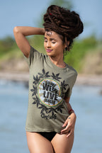 Cooyah Jamaica.  Smoke Weed Live Longer Tee.  Cannabis, Kush screen printed graphic tee in olive green.  Women's short sleeve ringspun cotton t-shirt.  Jamaican clothing brand.