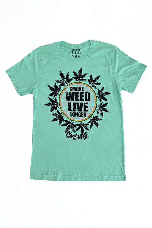 Cooyah Jamaica. Men's mint green Smoke Weed Live Longer Tee. Cannabis, Kush screen printed graphic tee.  Short sleeve ringspun cotton t-shirt. Jamaican clothing brand since 1987.  IRIE