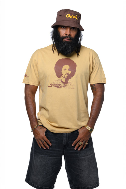 Cooyah men's Soul Mon graphic tee in sand brown.  70s style, man with afro artwork on the front of the shirt.