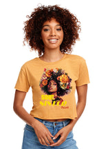 Soul Sister crop top - Black woman with orange flowers in her afro on a gold crop top. 70's flower power style.   Cooyah Clothing brand.