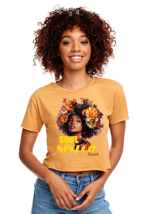Soul Sister crop top - Black woman with orange flowers in her afro on a gold crop top. 70's flower power style.   Cooyah Clothing brand.