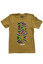 Load image into Gallery viewer, Cooyah Jamaica. One Love Africa Print graphic tee. Men&#39;s short sleeve, ringspun cotton tee in mustard. Jamaican clothing brand.
