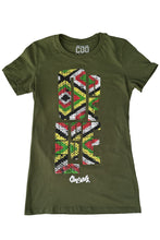 Load image into Gallery viewer, Cooyah Jamaica. One Love Africa Print graphic tee. Women&#39;s short sleeve, ringspun cotton tee in olive green. Jamaican clothing brand.
