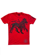 Cooyah Jamaica. Rasta Lion women's short sleeve graphic tee in red. Jamaican reggae streetwear clothing brand.