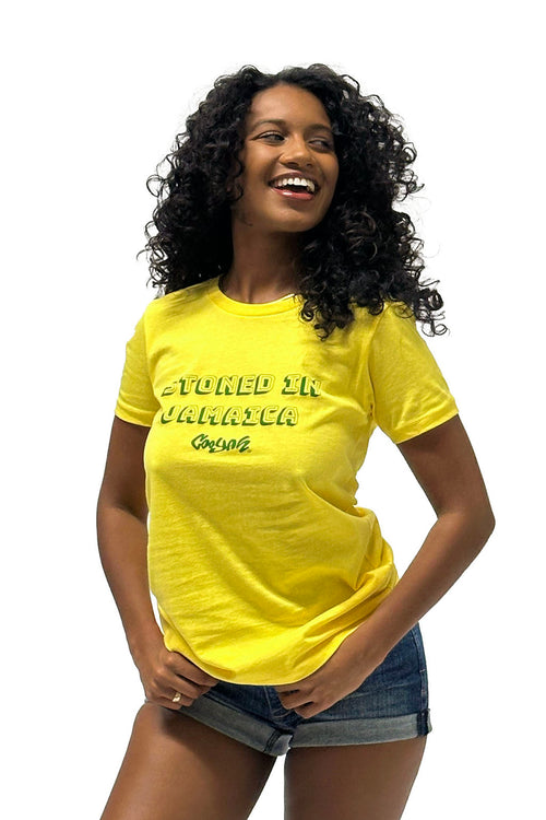 Cooyah Clothing. Stoned in Jamaica graphic tee. Yellow, short sleeve, crew neck women's top. IRIE