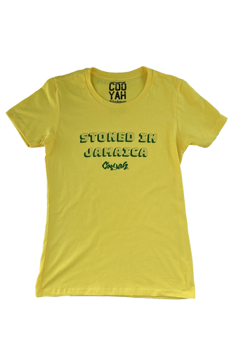 Cooyah Clothing.   Stoned in Jamaica graphic tee.  Yellow, short sleeve, crew neck women's top.  IRIE