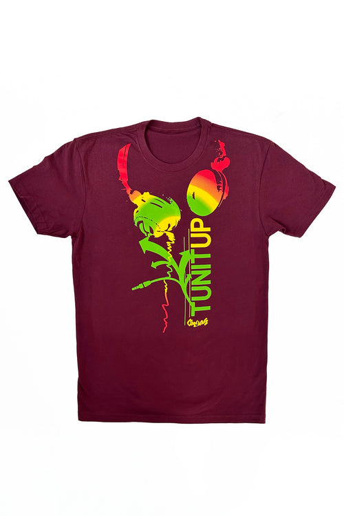 Cooyah Jamaica. Men's Tun It Up Rasta tee. Featuring a design with headphones screen printed in reggae colors. Short sleeve, ringspun cotton. Jamaican streetwear clothing since 1987.