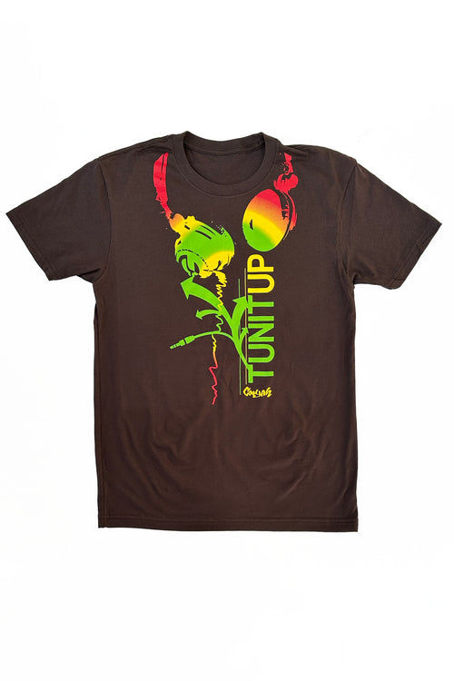 Cooyah Jamaica. Men's Tun It Up Rasta tee. Featuring a design with headphones screen printed in reggae colors. Short sleeve, ringspun cotton. Jamaican streetwear clothing since 1987.