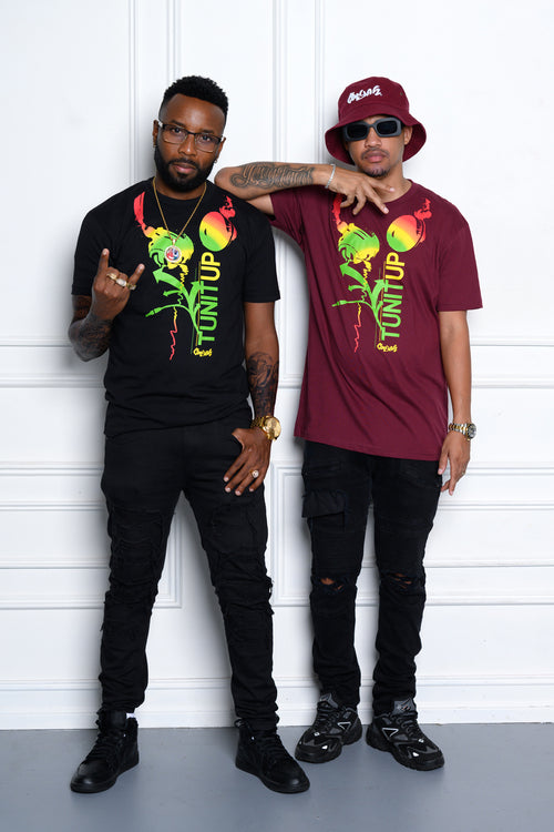 Cooyah Clothing - Men's Turn It Up tee in burgundy with headphones graphic on the front in reggae colors, red, gold, and green.