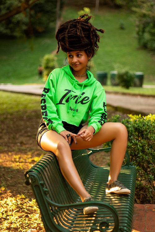 Cooyah Clothing - women's cropped lime green hoodie with Irie graphic on the front.