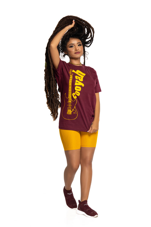 COOYAH Jamaica. Women's relaxed fit Guitar tee in burgundy. Jamaican reggae clothing brand since 1987. IRIE