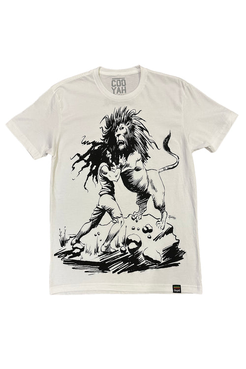 Cooyah Clothing.  Men's short sleeve graphic tee with Dread and Lion screen print.   Soft, 100% ringspun cotton.  We are a rasta rootswear brand since 1987.