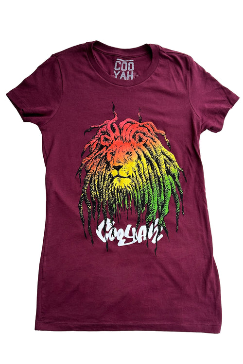 COOYAH Jamaica. Women's Rasta Lion with Dreads crew neck tee in burgundy. Screen printed in reggae colors.