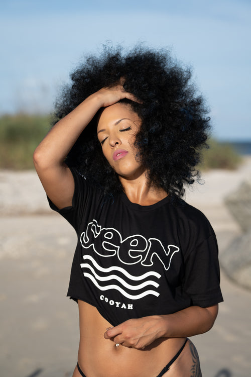 Cooyah Jamaica.  Women's Seen crop top in black.  Short sleeve, Ringspun cotton.   Jamaican clothing brand.