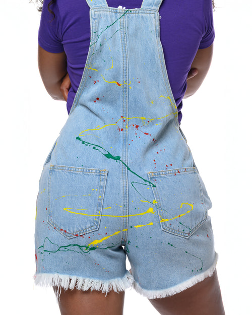 Cooyah - Women's denim shortalls.  Utility style with pockets and adjustable straps.  Each one if hand-painting and one-of-a-kind. 