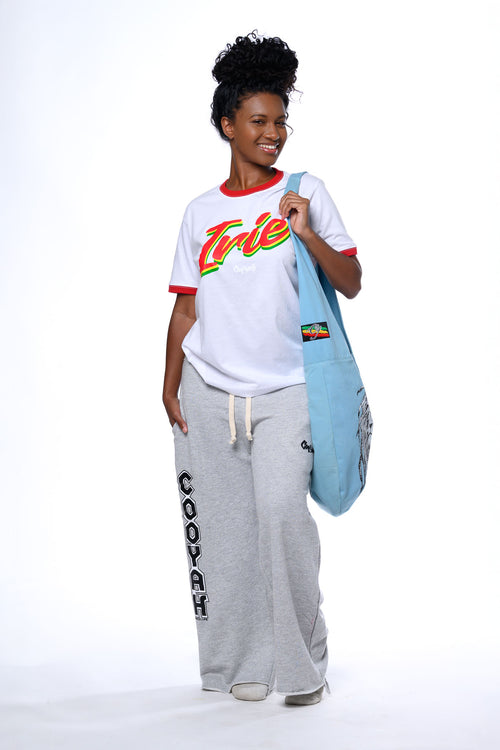 Cooyah - Womens relaxed fit lounge pants in gray.  Wide leg silhouette, drawstring waist, unfinished hem. 