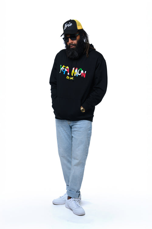 Cooyah Clothing - Men's Yea Mon hoodie in black.  Irie embroidered trucker hat.  