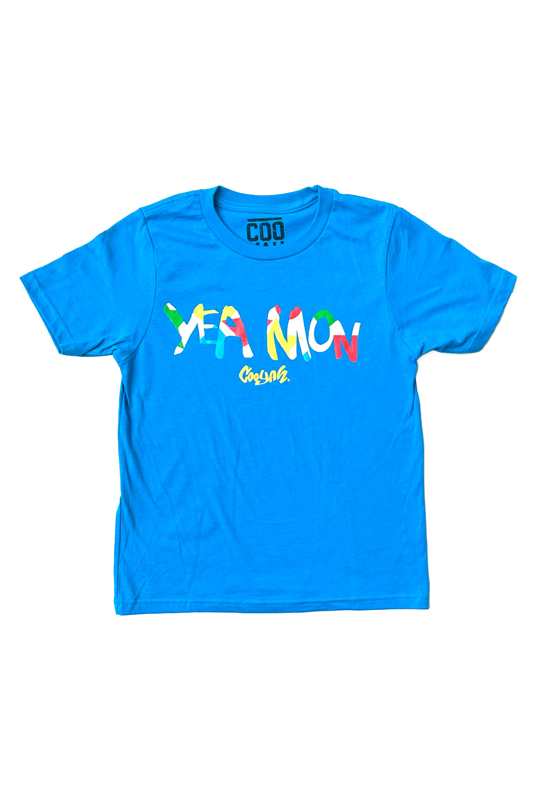 Cooyah Jamaica. Kid's Yea Mon blue graphic tee.  Reggae style, ringspun cotton.  Jamaican clothing brand. IRIE