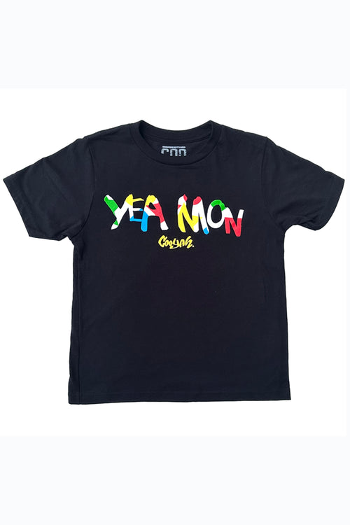 Cooyah Jamaica. Kid's Yea Mon black graphic tee. Reggae style, ringspun cotton. Jamaican clothing brand. IRIE